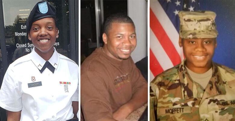 Side-by-side portraits of a woman, on the left in a white shirt and black hat, a man in a brown t-shirt in the centre and a woman wearing a green camouflage uniform and hat on the right.