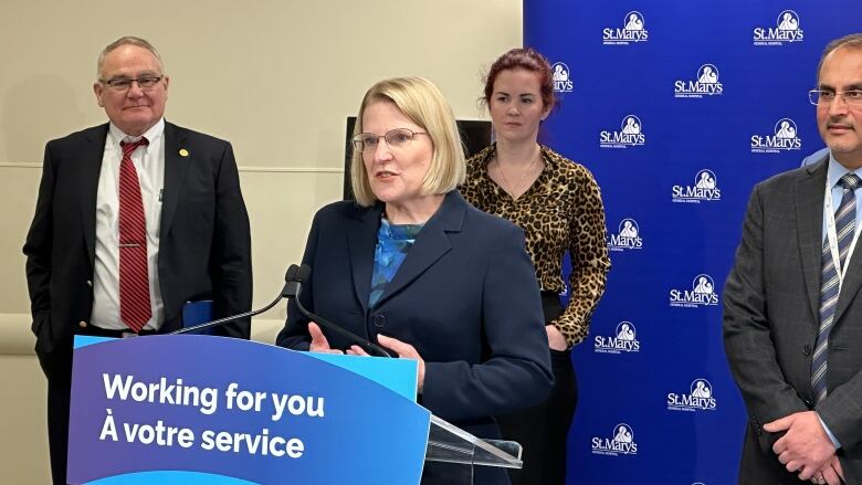 Ontario health minister Sylvia Jones, Dr. Jaffer Sayed and others at St. Marys General Hospital for a press conference on Tuesday.