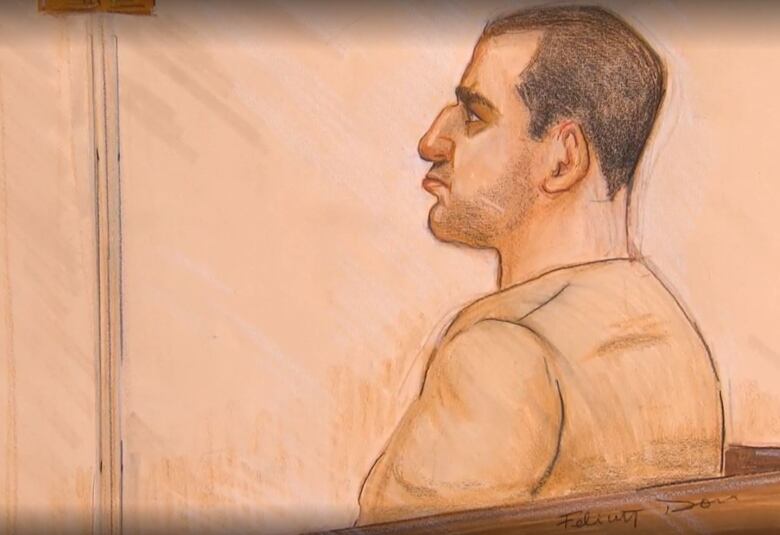 Reza Moazami is shown in profile in a court sketch. He has close-cropped dark hair and is looking straight ahead.