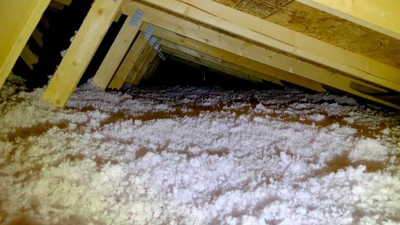 Insulation is shown inside the attic of a home.