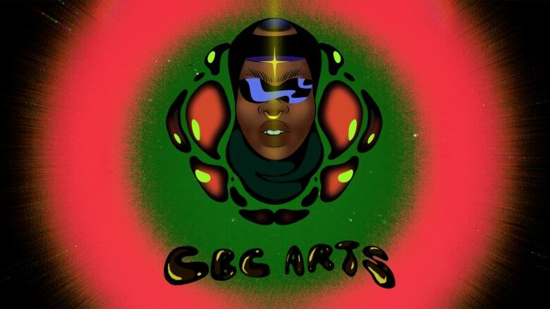 2D digital illustration of the CBC Arts logo in a cartoon-inspired Afrofuturist style. The geometric forms of the CBC gem are black and blobby, suggesting motion. At the centre of the 