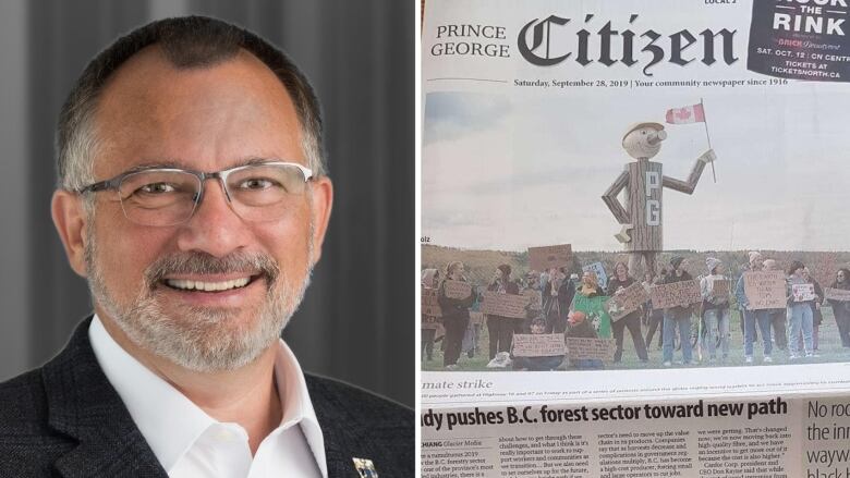 A composite image shows a portrait of a man with glasses, in a dark grey blazer and white shirt, to the left, and to the right, an image of a newspaper with the name Prince George Citizen at the top. 