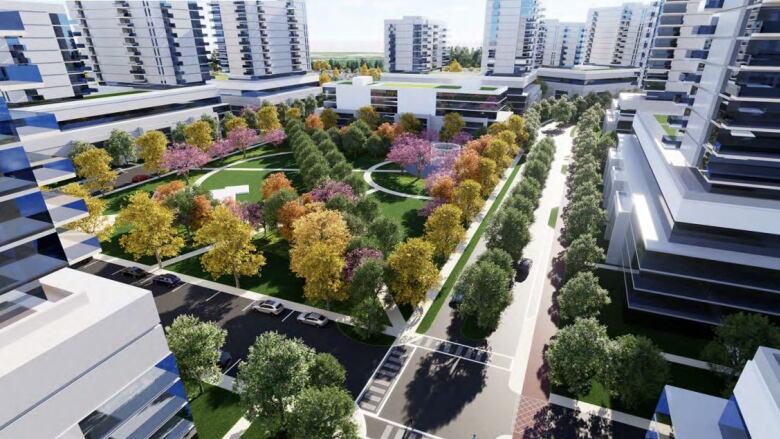 Colourful green and gold trees are planted around a green square surrounded by towers