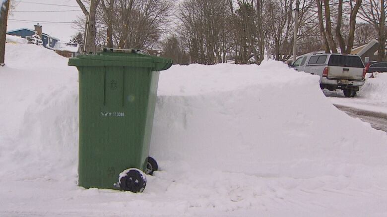 Green bin against snow pile.