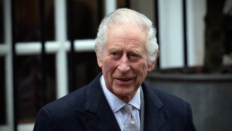 The king, sporting short grey hair and a suit, smiles for the camera. 