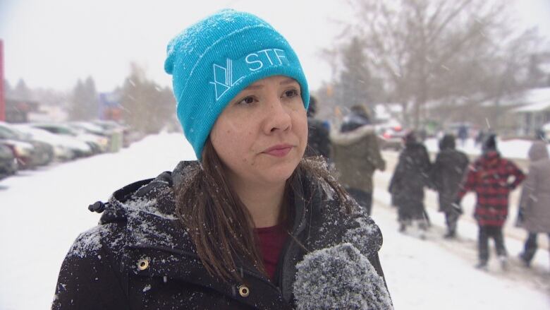 Samantha Becotte is the president of the Saskatchewan Teachers' Federation, standing outside during the rotating strike in Saskatoon.