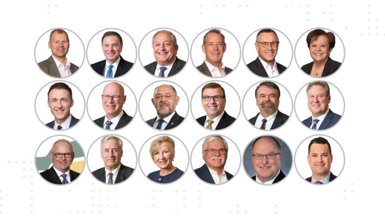 A graphic showing the headshots of 18 politicians who were elected as Saskatchewan Party MLAs in 2020.