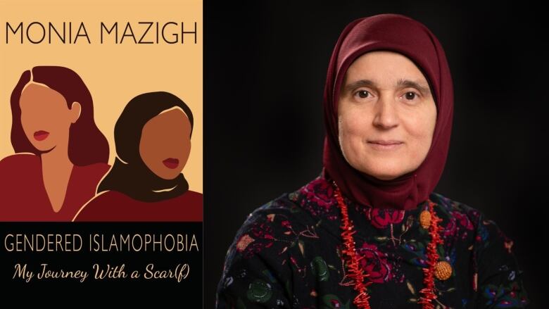 On the left is a pale orange book cover with a graphic of a woman with long hair looking to the right, and a graphic of a woman wearing a hijab looking to the left. There is brown and pale orange text overlay that is the book's title and author's name. On the right is a woman who is wearing a flowered sweater and a burgundy hijab and looking straight at the camera.