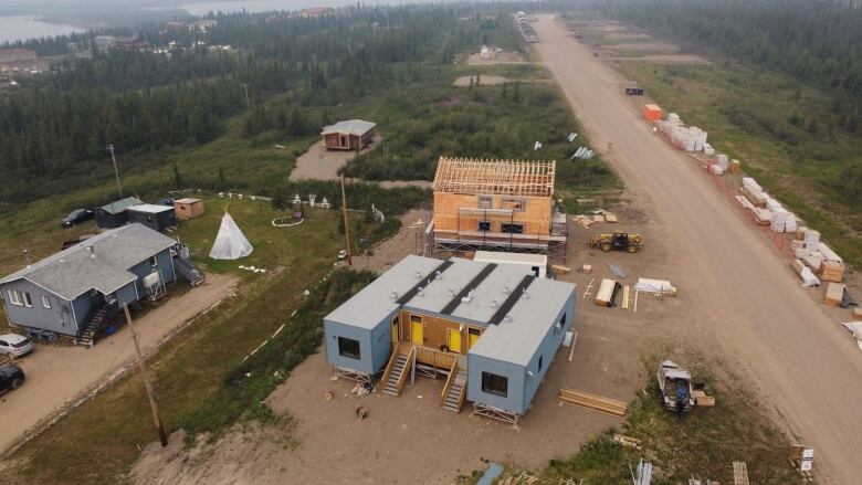 Bird's eye view of buildings under construction.