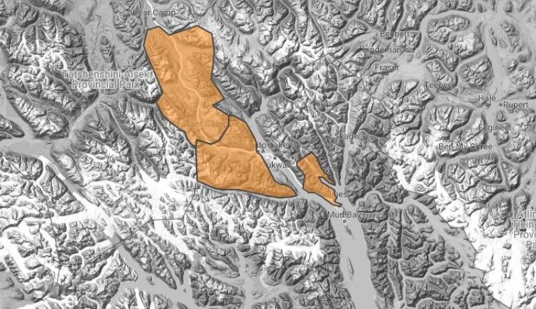 Areas with 'considerable' avalanche danger are pictures in orange on a forecast map released by Haines Avalanche Center at 6 am on Feb. 10. 