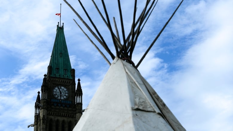 A teepee is in the forefront of the image with a large building tower from parliament hill in ottawa is in the backgound of the image