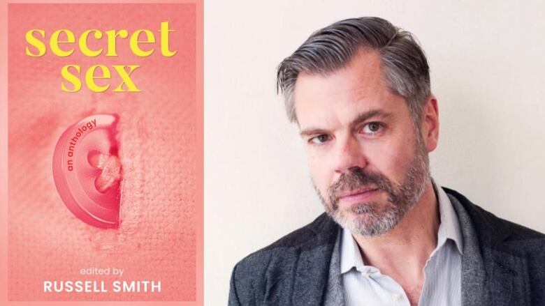 A book cover of a pink button coming undone on a pink garment with yellow writing. A man with grey hair and a beard. 