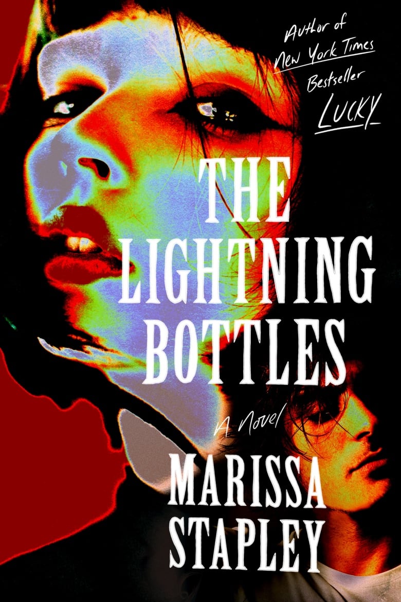 A book cover of a woman with bangs and a black bob with red and white lighting. 