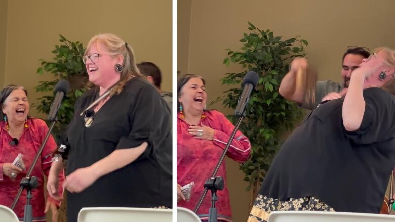 The photo shows two frames, each of two women laughing. The woman on the left has grey hair and wears a pink shirt. The woman on the right has blonde hair and wears a black shirt.