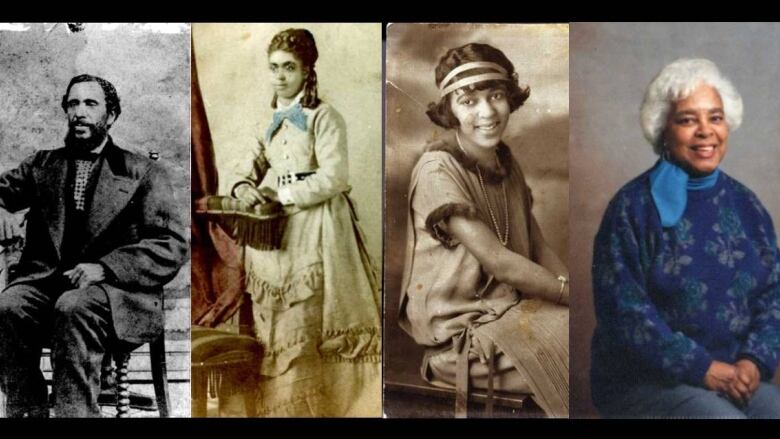 Four photos illustrate different generations of a family. The left most photo is a man in a black and white photo wearing a suit, second is a Victorian style portrait of a woamn wearing a large dress, third is a young woman wearing a head band and fur lined dress, and fourth is a woman in a modern photograph portrait, wearing a blue scarf and sweater. 