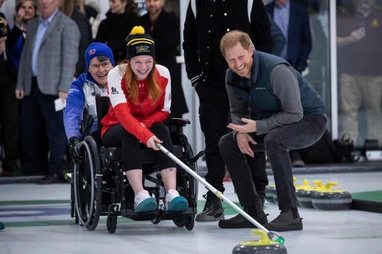 Prince Harry during a Invictus Games preview of wheelchair curling at Hillcrest Community Centre in Vancouver, British Columbia on Friday, February 16, 2023. 