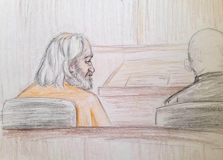 A sketch of Greg Fertuck sitting in Court of King's Bench in Saskatoon on Feb. 20, 2023. 