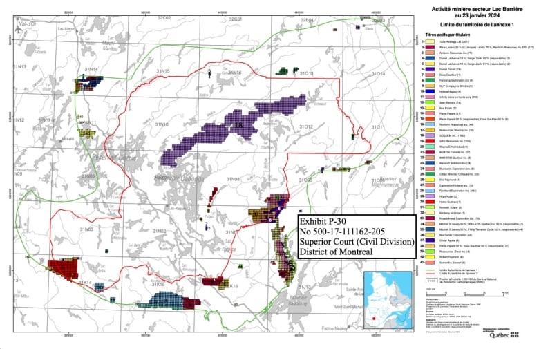 A map showing the the Mitchikanibikok Inik First Nation's or Algonquins of Barriere Lake, traditional territory and the number of claims registered.