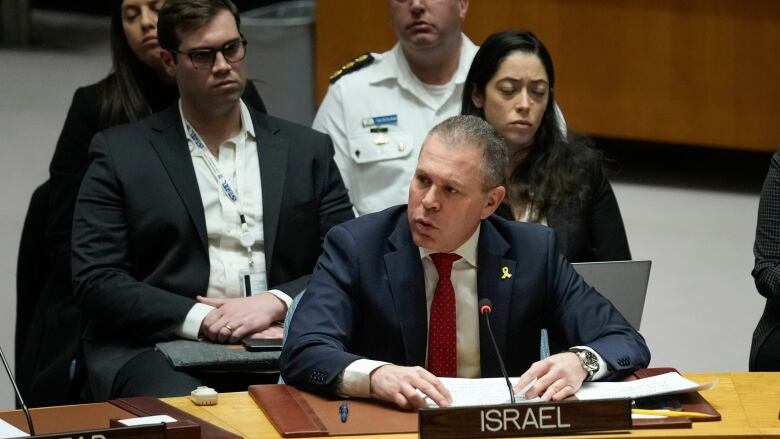 Gilad Erdan, Israeli Ambassador to the United Nations, speaks during a Security Council meeting at United Nations headquarters, Tuesday, Feb. 20, 2024. (AP Photo/Seth Wenig)