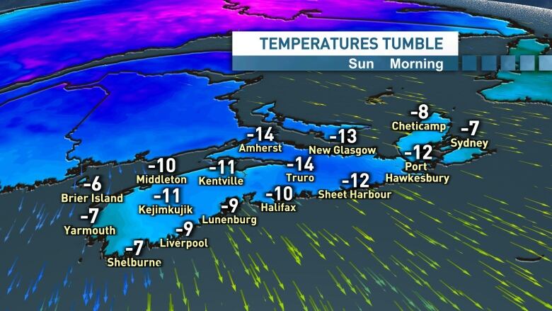 Map shows temperatures will be in the minus -10 to -15 range for Nova Scotia by Sunday morning.