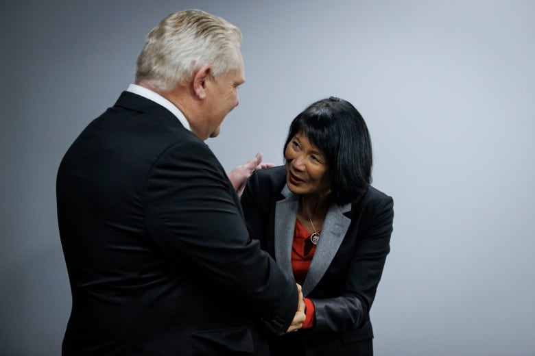 A man and a woman shake hands.