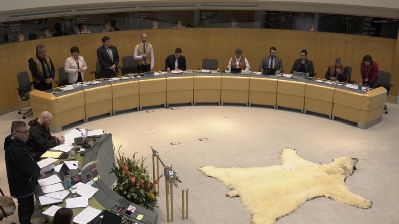 A row of people around desks in a chamber with a polar bear hide on the floor.