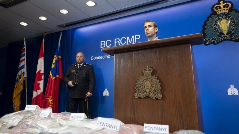 A large quantity of drugs on display at a police press conference.