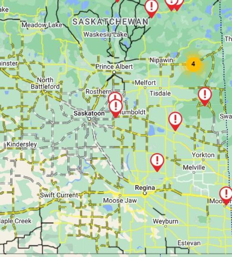 Screenshot of the Saskatchewan Highway Hotline Map at 11:40 a.m CST on Monday. The white roads represent where travel is not recommended, the dotted lines represent poor visibility, while the yellow roads represent where winter conditions exist.