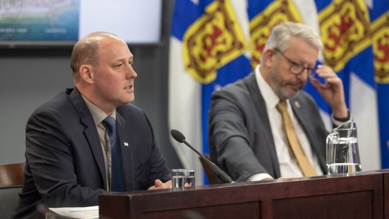 A bald man and a man with a beard and glasses sit at a table with flags behind them.