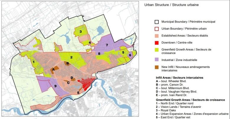 A map of Moncton with various colours, numbers and letters noting areas planned for growth.