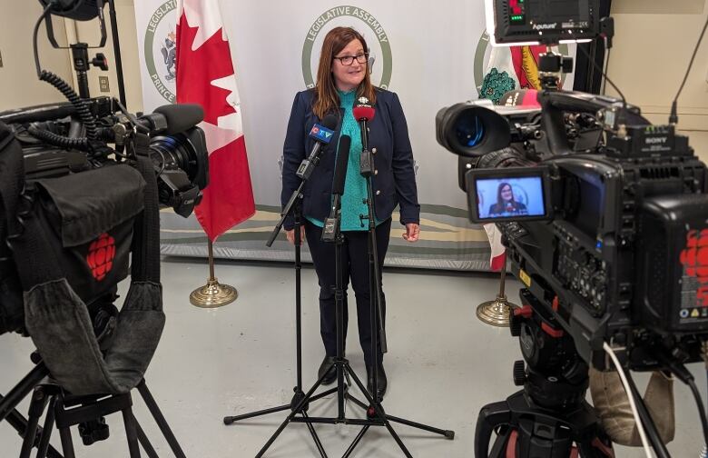 A woman with long dark hair and glasses dressed in green with a dark overcoat stands in front of a microphone between two TV cameras 