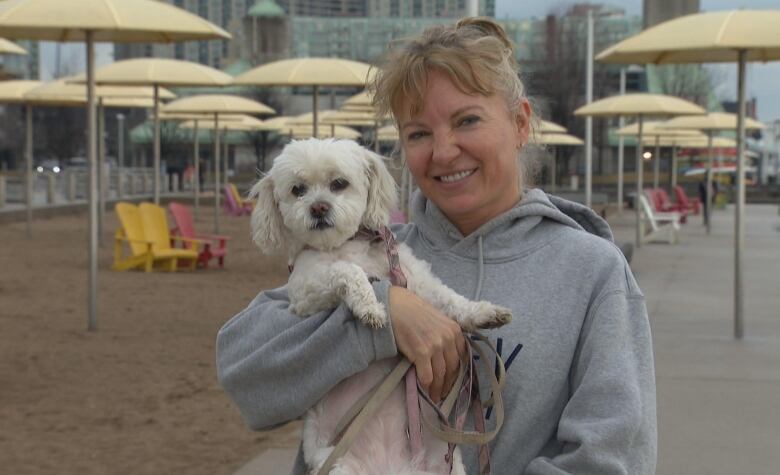 A woman outside in a grey hoodie holds a small white dog. 