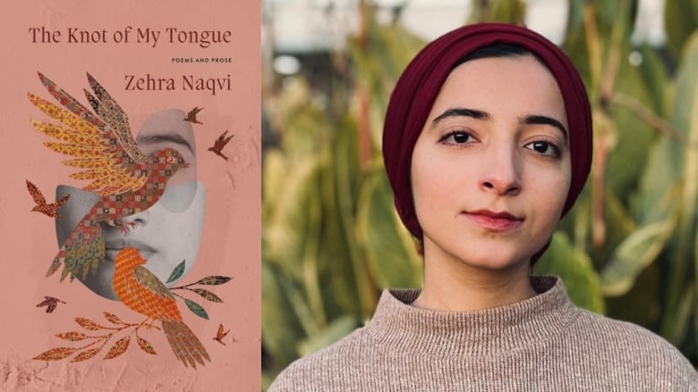 An abstract book cover of a face and birds. A woman wearing a burgundy head covering against a leafy background.