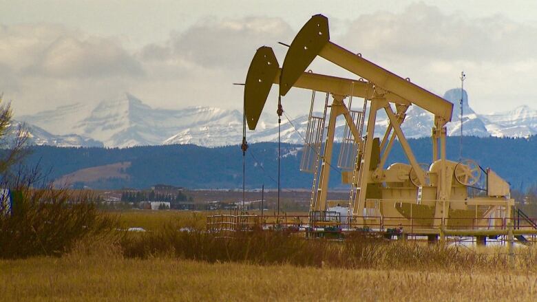 Two oil pumpjacks in a pasture with foothills and snow-capped Rocky Mountains in bg.