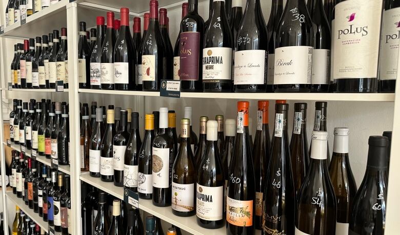 Bottles of wine on display shelves