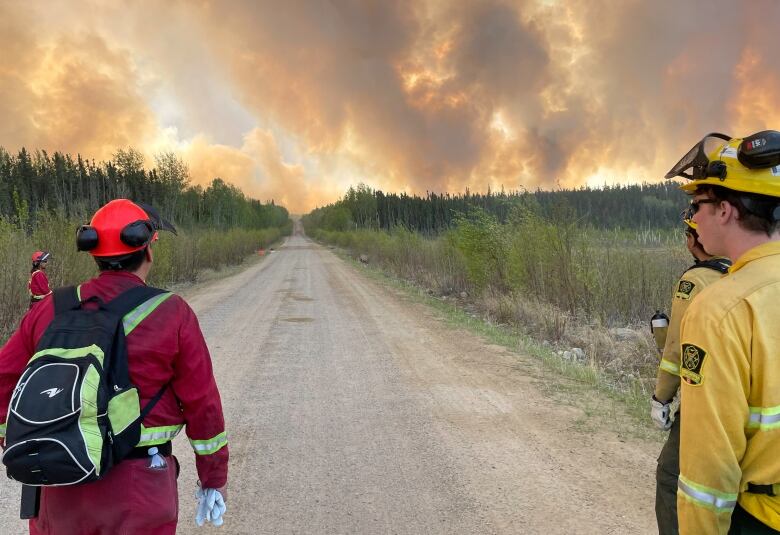 Firefighters stare down a road with large smoky clouds in the sky. 