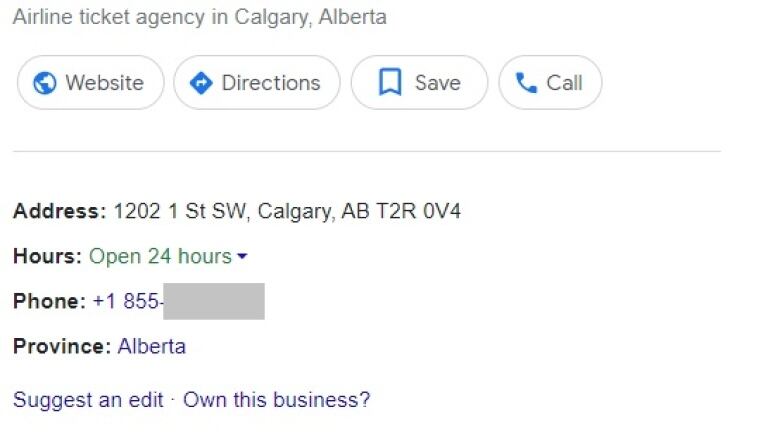 A screenshot of a Google map listing with a fraudulent phone number greyed out.