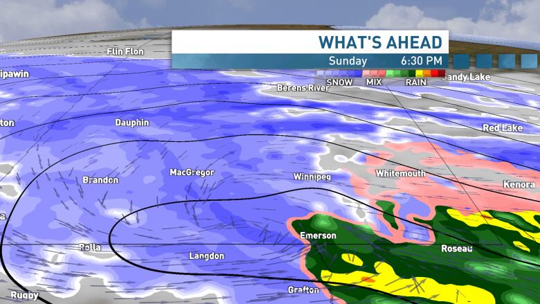 Graphic showing a winter storm moving through Manitoba Sunday.