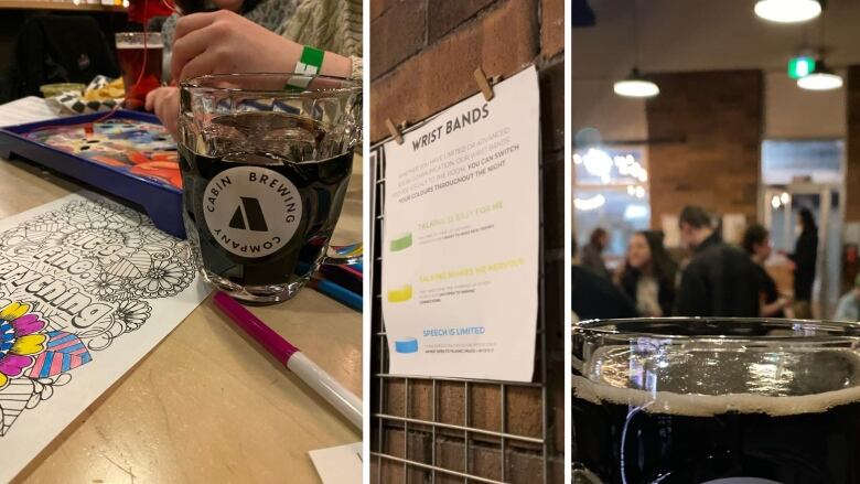 three images. one shows a beer next to a colouring page, one shows a poster, and the final image shows a crowd of people by a beer.