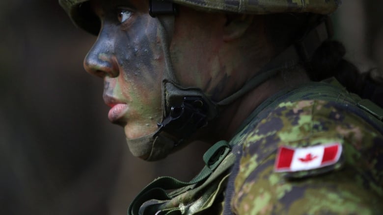 A Canadian soldier in combat gear and camo makeup is shown in profile.