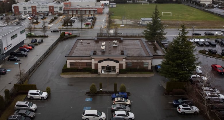 aerial shot of funeral home and parking lot