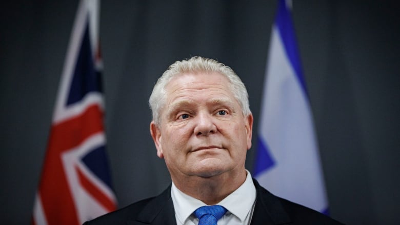 Close up showing a man in a suit standing in front of two flags. 