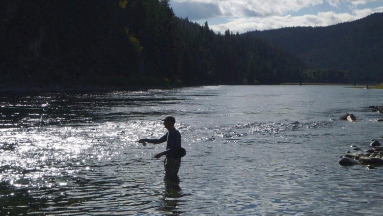 A fisherman in a river.