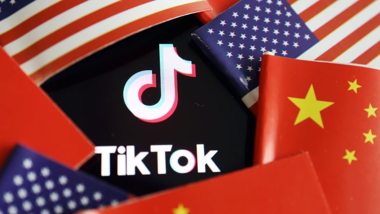 Illustration of Chinese and U.S. flags and the TikTok logo which has a music note on top 