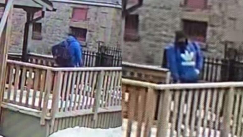 Images shared by Fredericton police show a person wearing a blue sweatshirt and backpack.