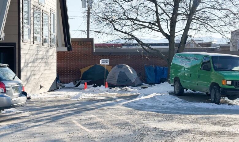 Pictured are tents outside of the Trinity United Church in Creston, B.C. on January 14, 2024. 