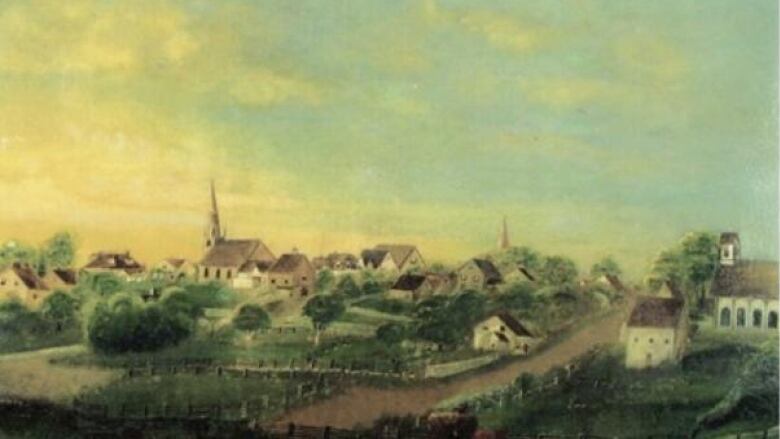 An old painting of a small 19th-century town.