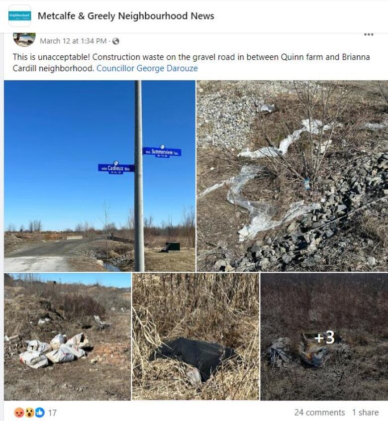 A Facebook post with photos of garbage in a rural area and complaints about the garbage.