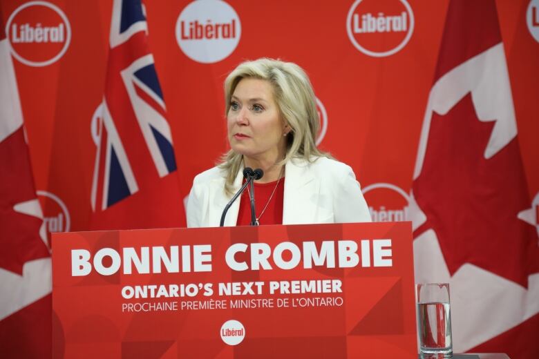 A woman stands at a podium. A sign underneath her reads 