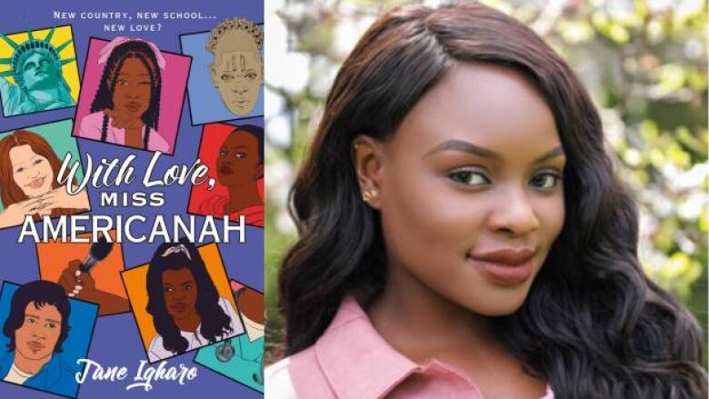 With Love, Miss Americanah by Jane Igharo, Illustrated cover shows five headshots and the statue of liberty. Headshot of a Black woman author.